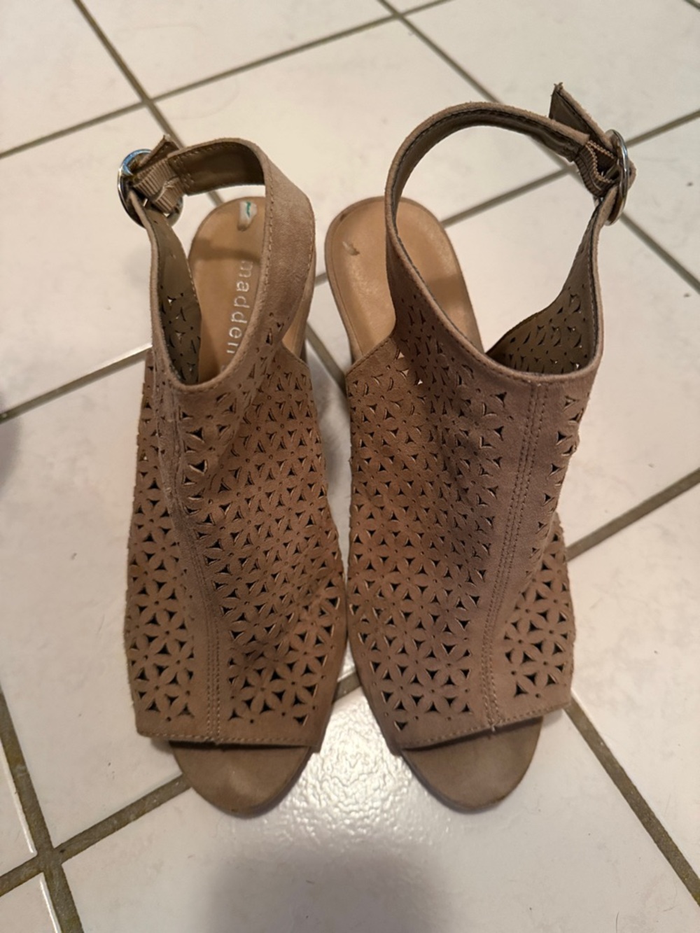Madden Girl Taupe Laser-Cut Peep-Toe Slingback Heels